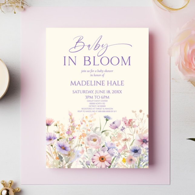 Invitation Bébé en fleur rose violet Baby shower Fleur sauvag (Créateur téléchargé)