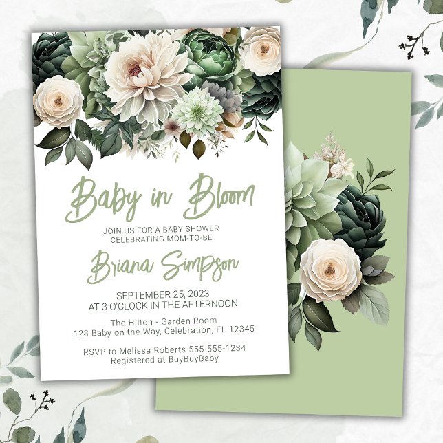 Invitation Bébé en Fleur Sage Baby shower floral vert (Créateur téléchargé)