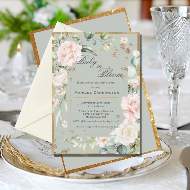 Invitation Bébé en Fleur Vert Floral Élégant Baby shower (Créateur téléchargé)