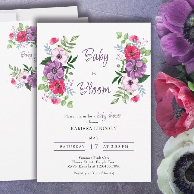 Invitation Bébé en fleur violet Baby shower de fleurs roses (Créateur téléchargé)