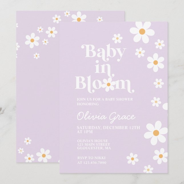 Invitation Bébé en fleur violet Baby shower de marguerite Inv (Devant / Derrière)