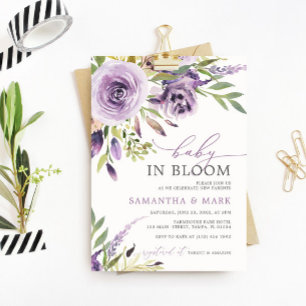 Invitation Bébé en fleur violet Rose Baby shower floral
