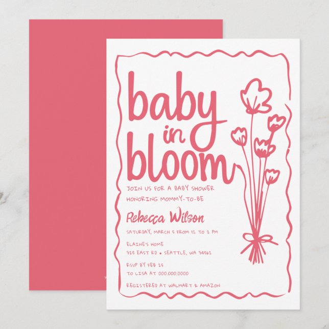 Invitation Bébé en fleur Whimsical MainDrawn Girl Baby shower (Devant / Derrière)