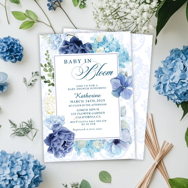 Invitation Bébé en fleurs aquarelle baby shower bleu fleuri (Créateur téléchargé)