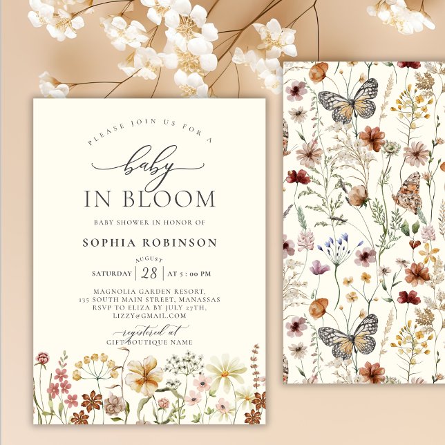 Invitation Bébé en fleurs Baby Shower Bohème Beige Fleur Sauv (Créateur téléchargé)