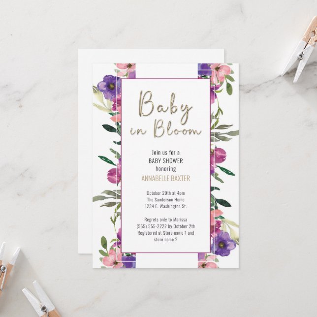Invitation Bébé en fleurs Baby shower d'aquarelle florale (Devant/Arrière en situation)