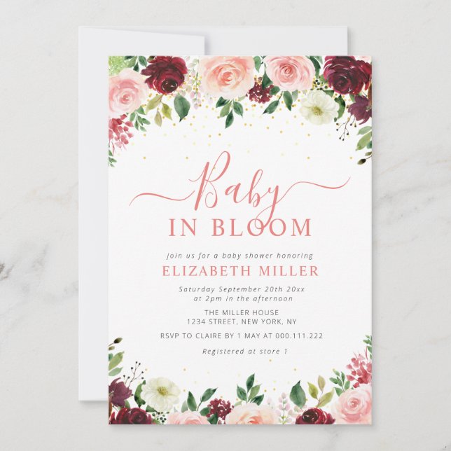 Invitation bébé en fleurs baby shower fleuri rose bordeaux (Devant)
