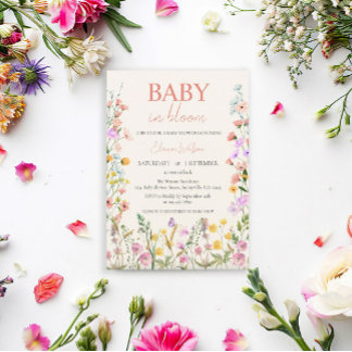 Invitation Bébé en fleurs Fille Rose Fleur Sauvage QR Baby Sh