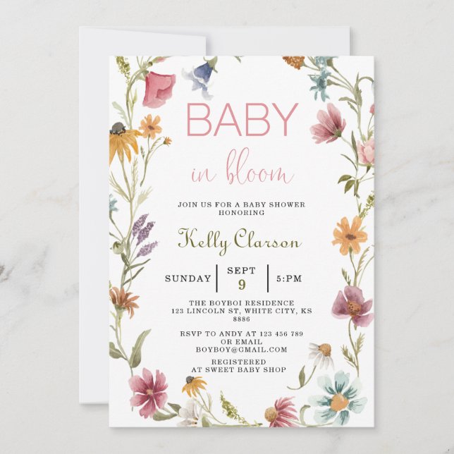 Invitation Bébé en fleurs Fleur sauvage Baby shower fille (Devant)