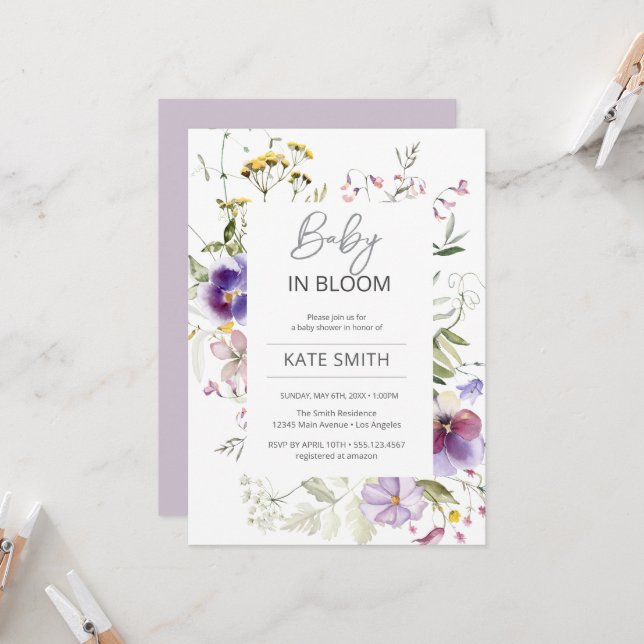 Invitation Bébé en fleurs Fleurs sauvages violettes Douche (Devant/Arrière en situation)