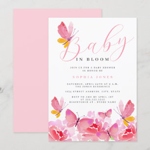 Invitation Bébé en fleurs Fushia Papillon Baby Shower  