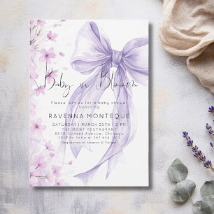 Invitation Bébé en fleurs, noeud floral pastel lilas pour Bab