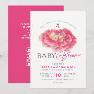 Invitation Bébé en fleurs rose bébé douche QR code RSVP