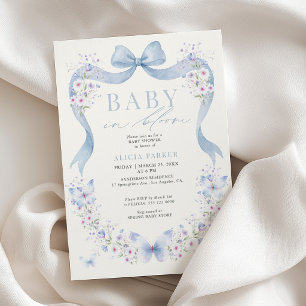 Invitation Bébé en fleurs ruban bleu baby shower garçon sauva
