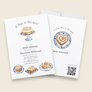 Invitation Bébé en route Fleurs bleues Gâteau Baby Shower QR 