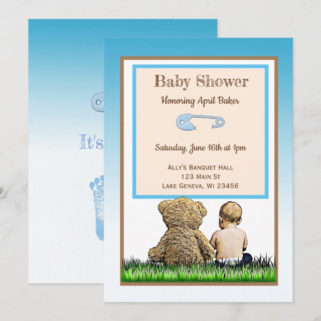 Invitation Bébé et ours en peluche garçons Baby shower Invita (Devant / Derrière)