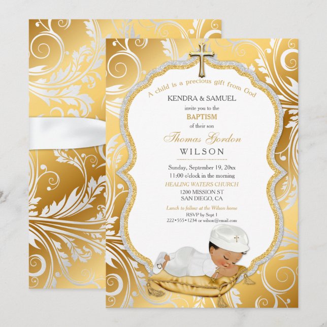 Invitation Bébé ethnique Baptême Baptême Christening Gold Cro (Devant / Derrière)