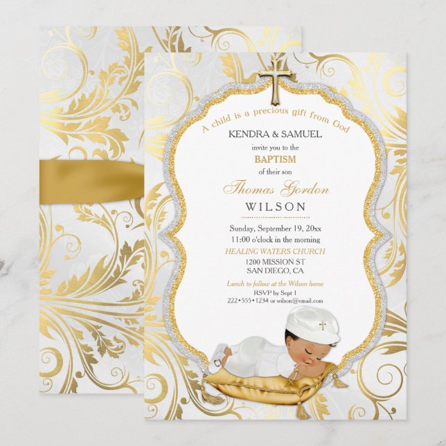 Invitation Bébé ethnique Baptême Baptême Christening Gold Cro (Devant / Derrière)