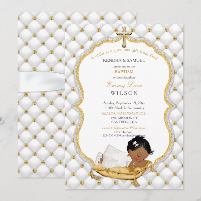 Invitation Bébé ethnique Baptême de fille Christening Gold Cr (Devant / Derrière)