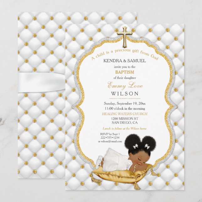 Invitation Bébé ethnique Baptême de fille Christening Gold Cr (Devant / Derrière)