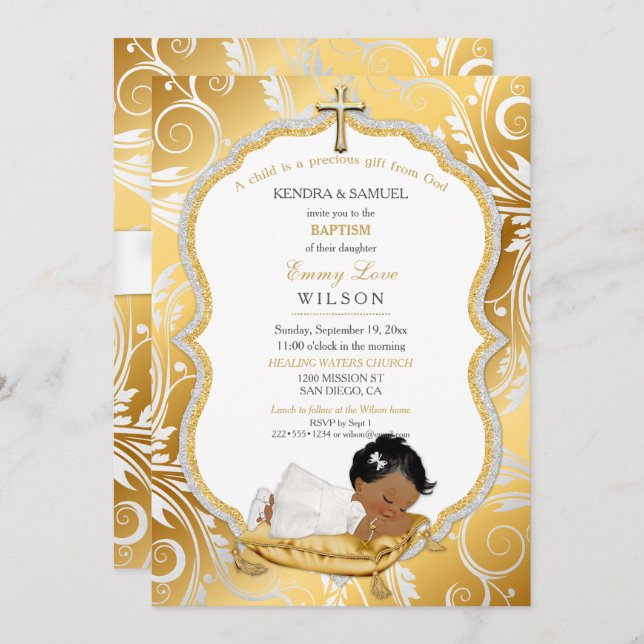 Invitation Bébé ethnique Baptême de fille Christening Gold Cr (Devant / Derrière)