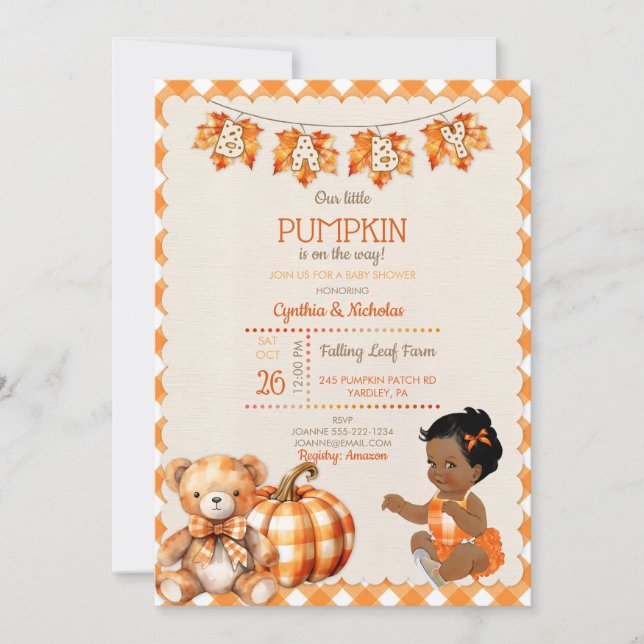 Invitation Bébé fille automne carreaux ours en peluche citrou (Devant)