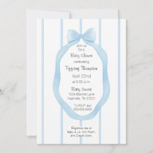 Invitation Bébé Fille Bleu et Blanc Fond d'écran ruban encadr