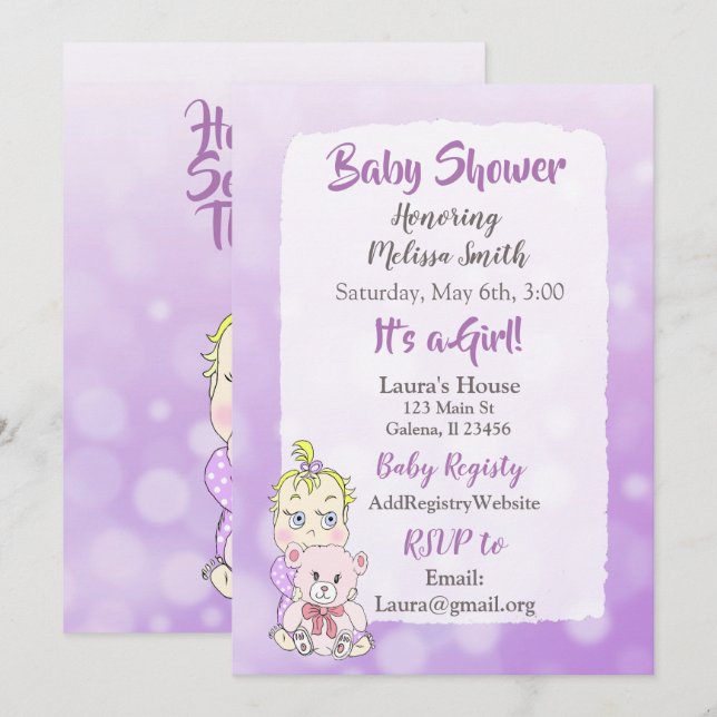 Invitation Bébé fille blonde avec un ours en peluche Bébé plu (Devant / Derrière)