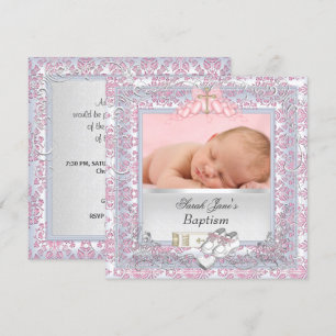 Invitation Bébé fille Christening Baptême rose blanche