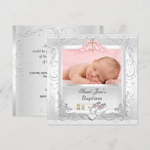 Invitation Bébé fille Christening Baptême rose blanche