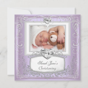 Invitation Bébé Fille Croix de Baptême Lilac Blanc