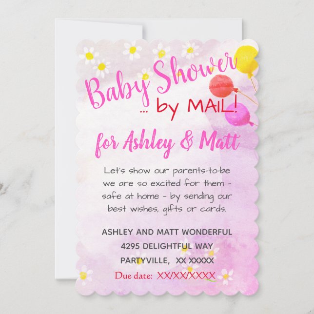 Invitation Bébé Fille Daisies Ballons Baby shower rose (Devant)