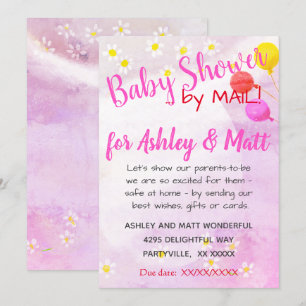 Invitation Bébé Fille Daisies Balloon Baby shower rose