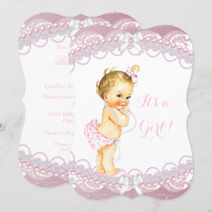 Invitation Bébé fille de douche Cute Perles de rose Lace Blon