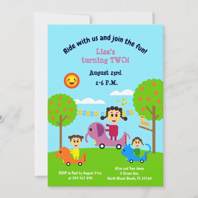 Invitation Bébé fille deuxième anniversaire animal voitures é (Devant)