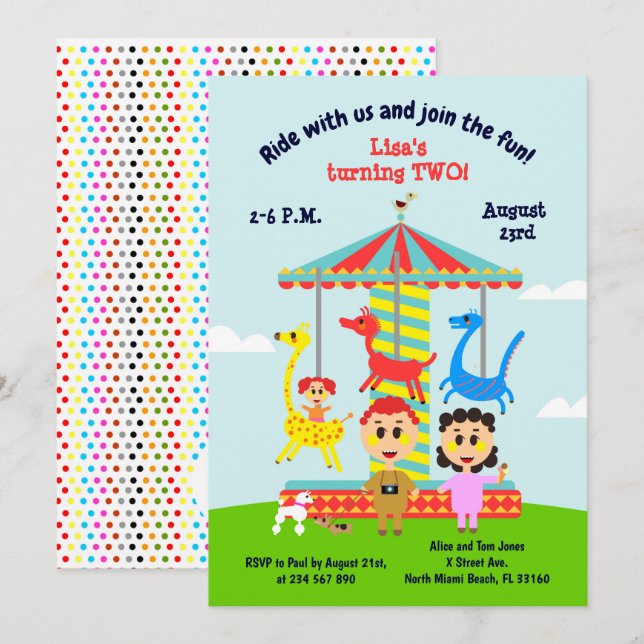 Invitation Bébé fille deuxième anniversaire merry-aller-round (Devant / Derrière)