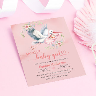 Invitation Bébé fille douche avec la cigogne Illustration - É