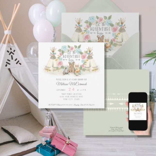 Invitation Bébé Fille Douche Aventure Commencer Teepee Ours C (Créateur téléchargé)