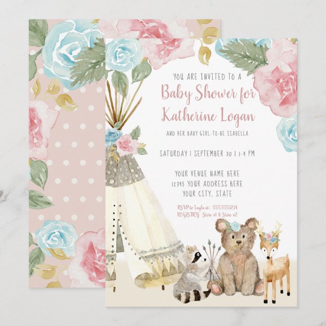 Invitation Bébé Fille Douche Bois Ours Cerf Floral Teepee (Devant / Derrière)