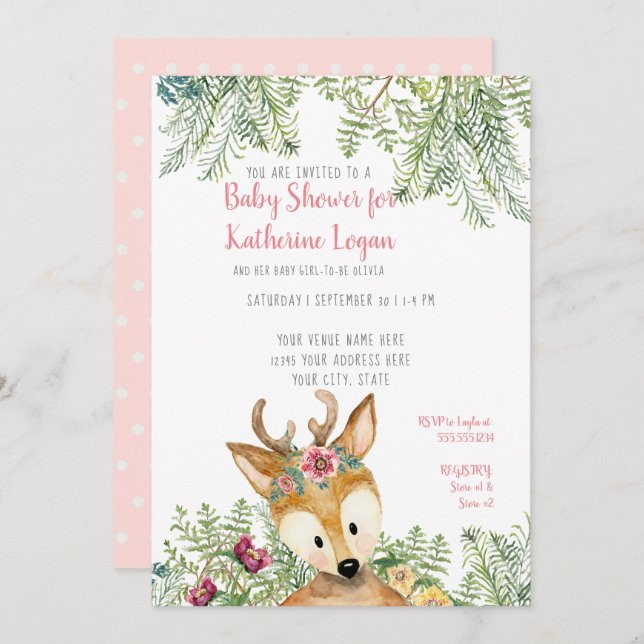 Invitation Bébé Fille Douche Forêt Boho Deer Floral (Devant / Derrière)