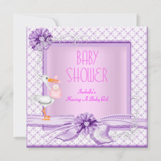 Invitation Bébé Fille Fête Rose Violet Floral