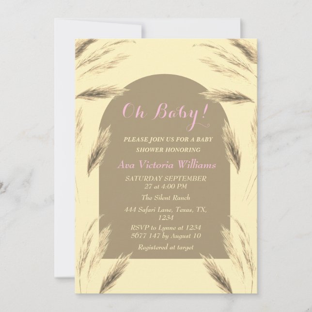 Invitation Bébé Fille Herbe des Pampas Aquarelle Rose Beige A (Devant)