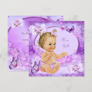 Invitation Bébé Fille Jolie Fête de Naissance Papillon Violet