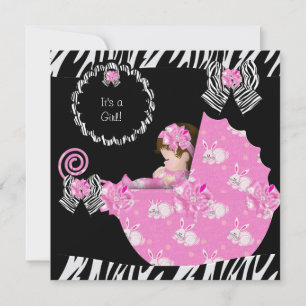 Invitation Bébé Fille Mignon Zèbre Baby Shower Poussette Rose