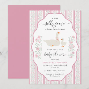 Invitation Bébé Fille Oie Idiote sur la Perte Rose Fête Préna