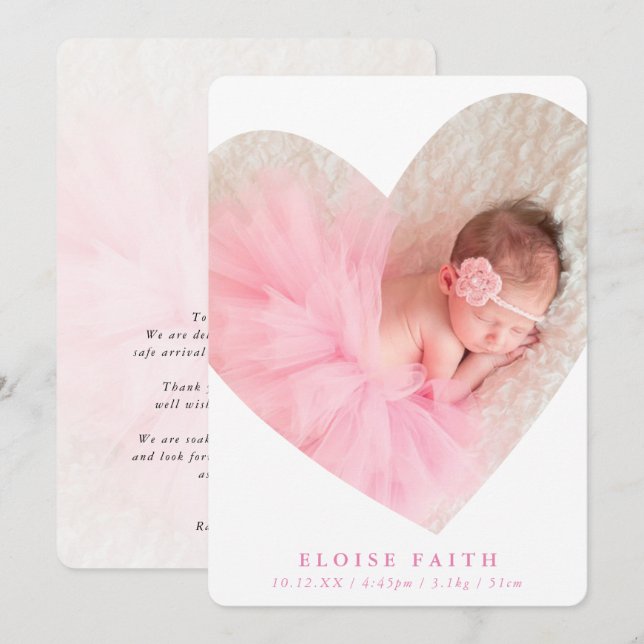 Invitation BÉBÉ FILLE photo moderne mignon cadre coeur rose (Devant / Derrière)