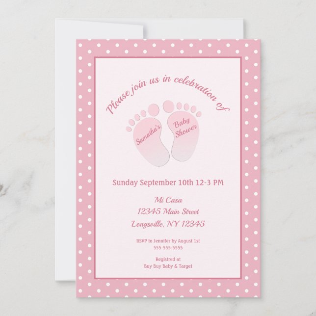 Invitation Bébé fille Pink Pieds Polka Baby shower point (Devant)