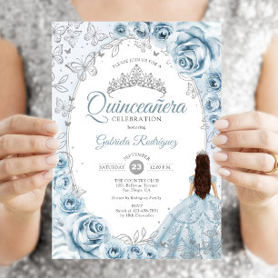 Invitation Bébé Fille Quinceanera Bleu Argent Floral
