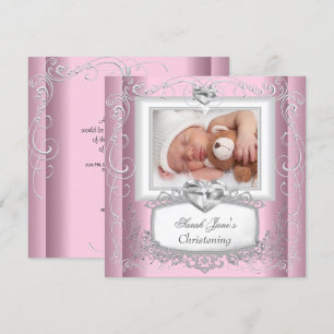 Invitation Bébé Fille rose Christening Baptême Croix blanche