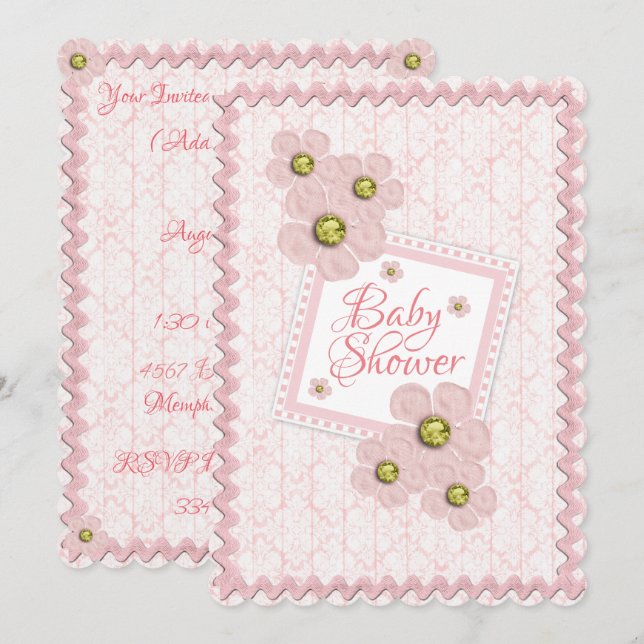 Invitation Bébé Fille rose Floral Damask Baby shower Rick Rac (Devant / Derrière)
